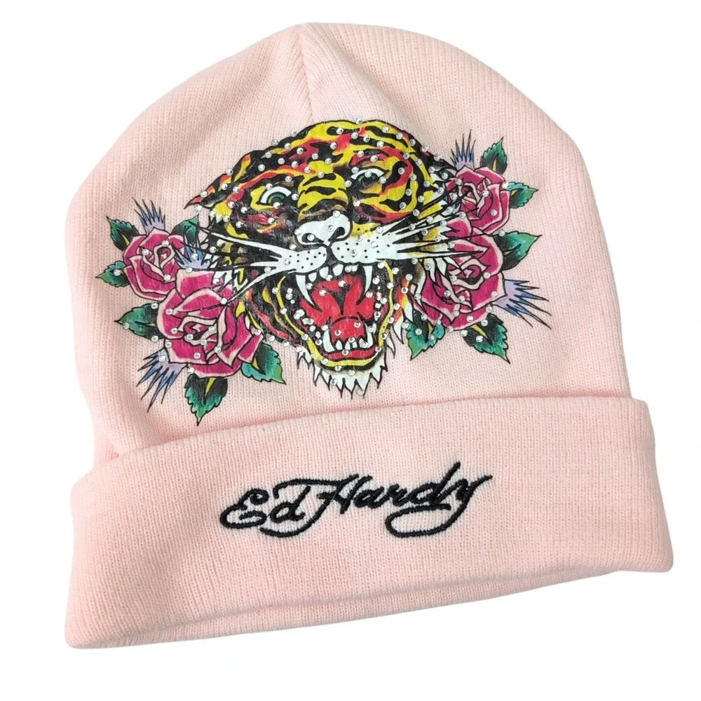 Ed Hardy Y2K Pink‎ Tiger Rose Rhinestone Cuffed Knit Beanie Hat Womens Y2K